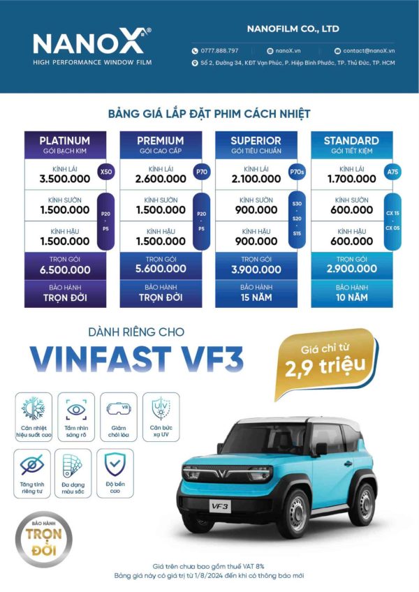 Bảng giá dán phim cách nhiệt VF3 tại Đà Nẵng 2025 Nanox