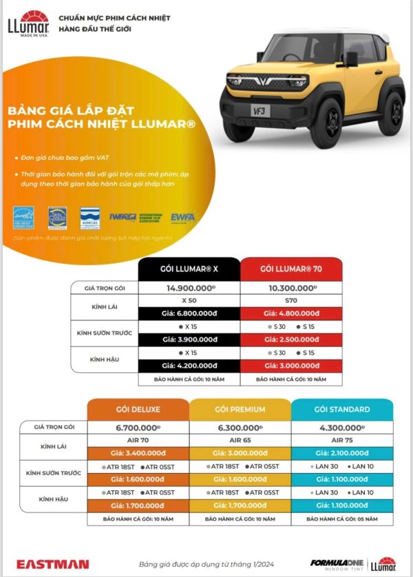 Bảng giá dán phim cách nhiệt LLumar Mỹ cho VF3 tại Đà Nẵng